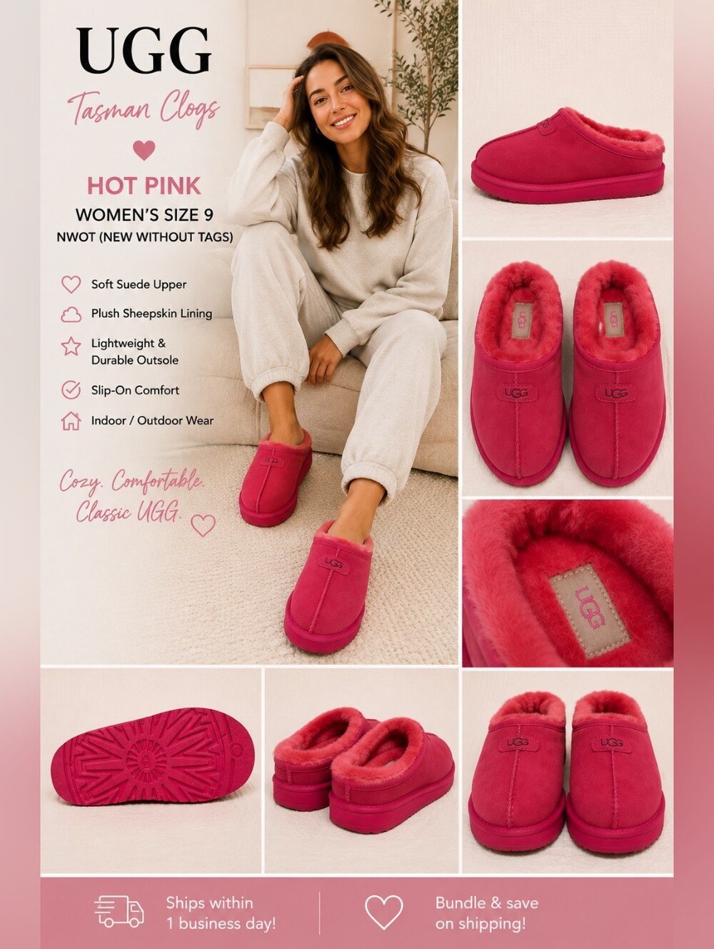 UGG Tasman Slippers | Hot Pink | Women's Size 9 | NWOT | Cozy Suede Sheepskin